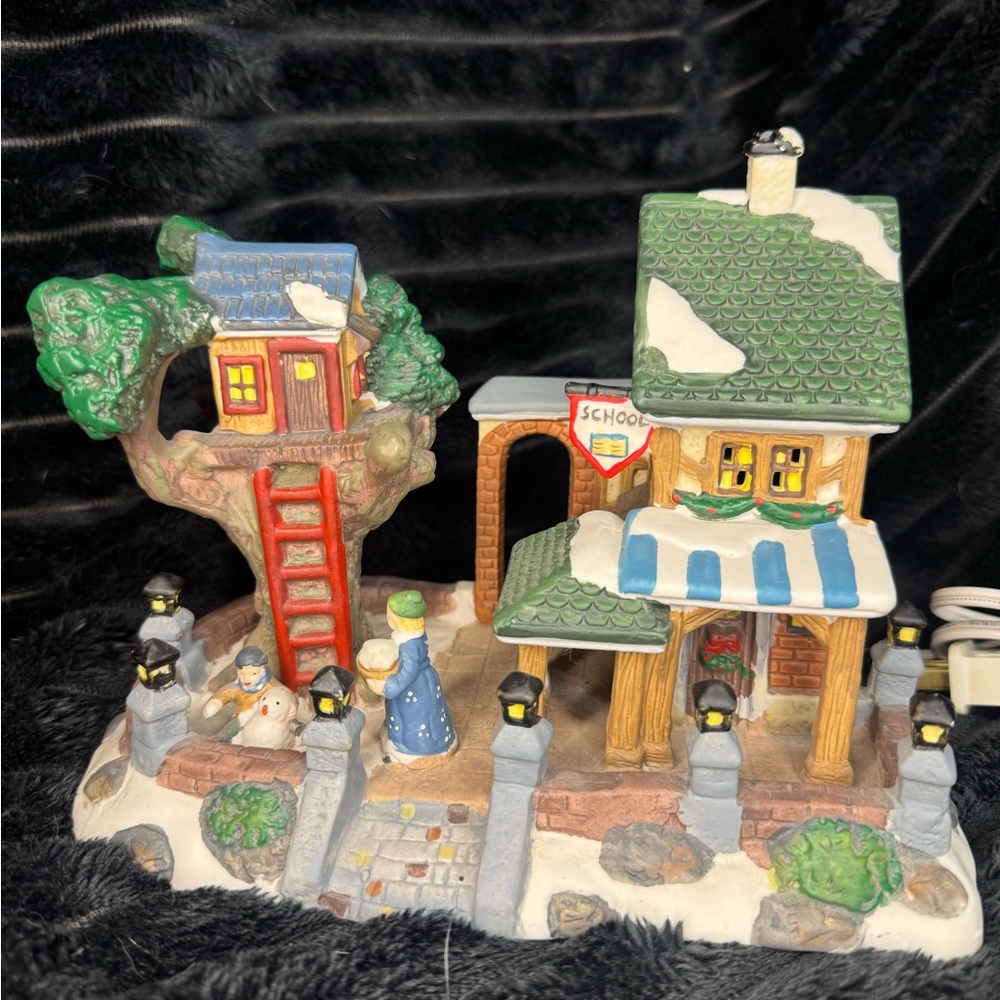 Hand-Painted Ceramic Holiday Village School House with Treehouse